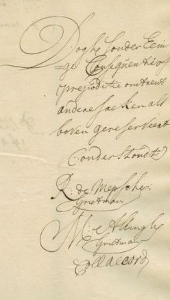Handtekening van De Mepsche. Er staat: R. de Mepsche Grietman.
